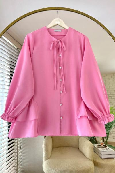 Yaka Bağcıklı Poplin Gömlek Pembe