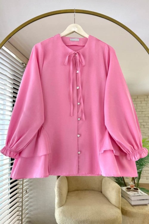 Yaka Bağcıklı Poplin Gömlek Pembe