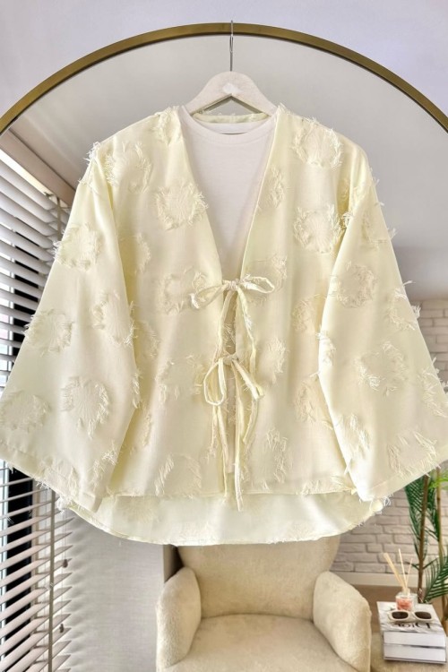 Püsküllü Keten Kimono Sarı
