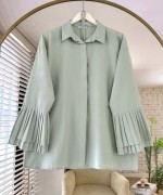 Kolları Piliseli Poplin Gömlek Yeşil