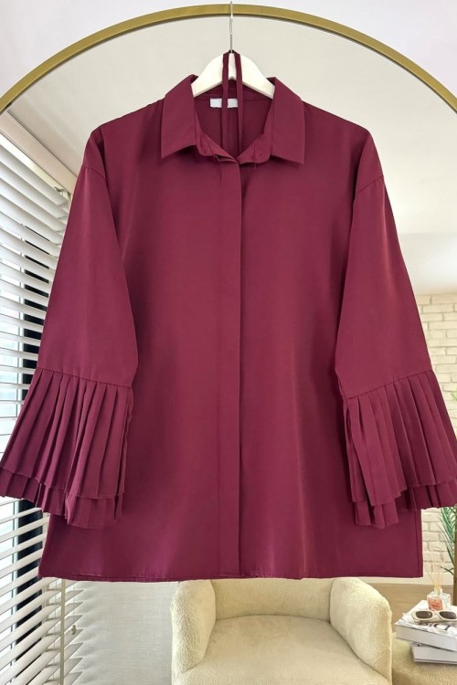 Kolları Piliseli Poplin Gömlek Bordo