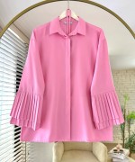Kolları Piliseli Poplin Gömlek Pembe