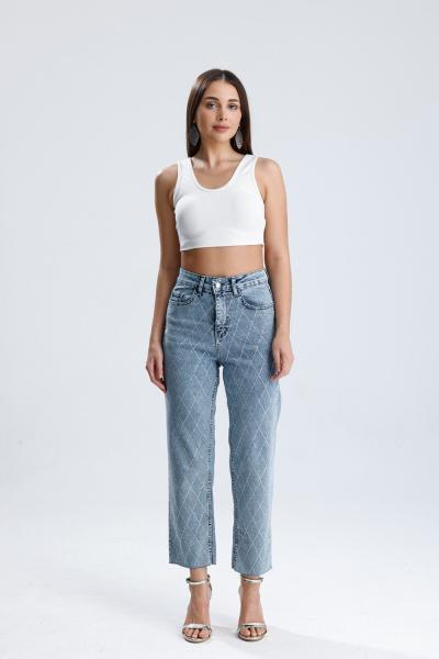 Büyük Baklava Taşlı Kesik Paça Pantolon