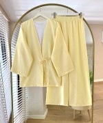 Bağlamalı Keten Kimono Takım Sarı