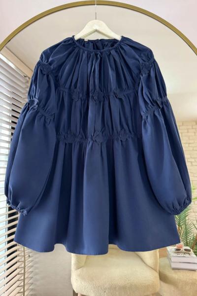 Çiçek İşlemeli Poplin Tunik Lacivert
