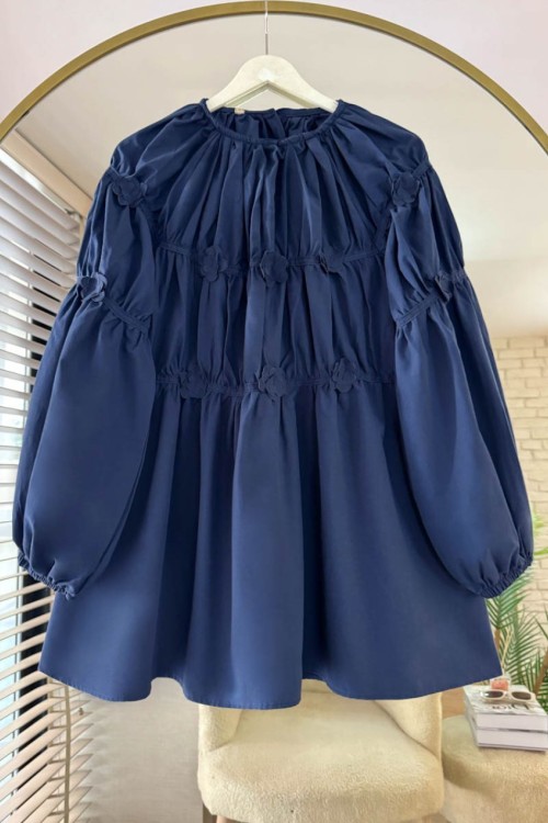 Çiçek İşlemeli Poplin Tunik Lacivert