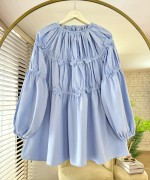 Çiçek İşlemeli Poplin Tunik Mavi