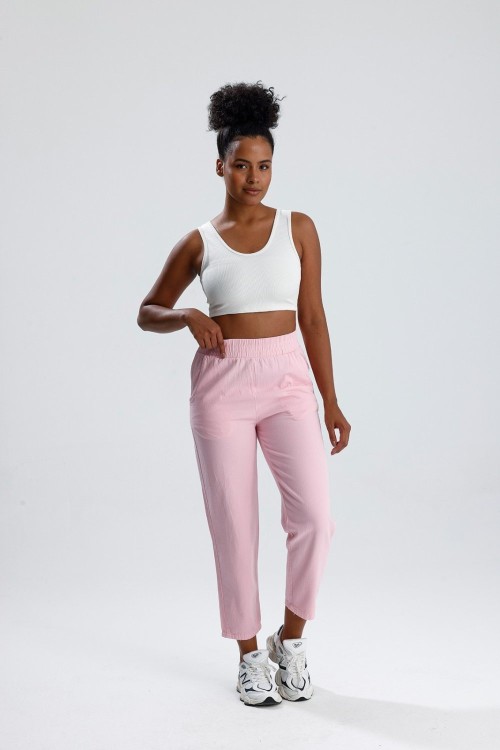 Beli Lastikli Gabardin Pantolon Pembe