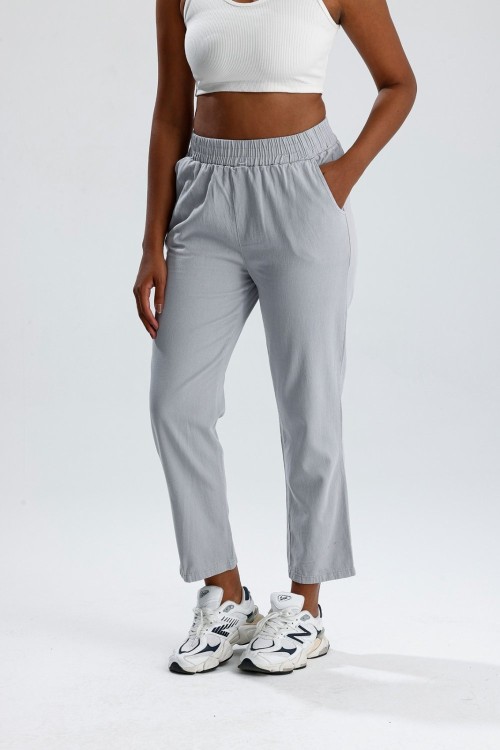 Beli Lastikli Gabardin Pantolon Gri