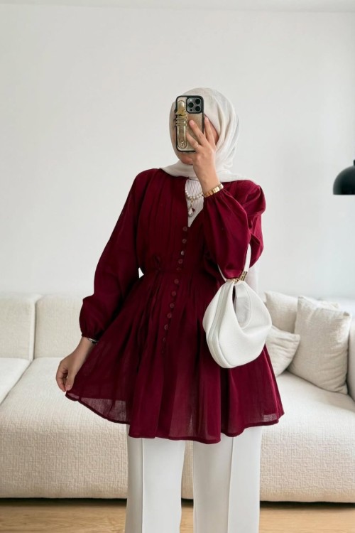 Önü Pensli Vual Gömlek Bordo