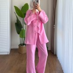 Fiyonk Bağlamalı Müslin Takım Pembe