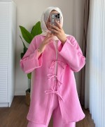 Fiyonk Bağlamalı Müslin Takım Pembe