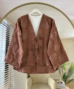 Püsküllü Keten Kimono Kahverengi