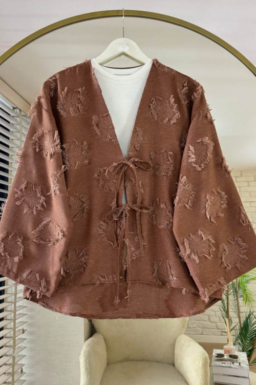 Püsküllü Keten Kimono Kahverengi