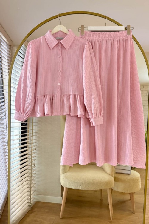 Gofre Keten Takım Pembe