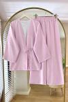 Bağlamalı Keten Kimono Takım Pembe