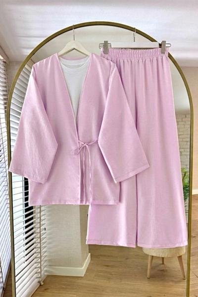 Bağlamalı Keten Kimono Takım Pembe