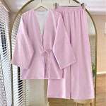 Bağlamalı Keten Kimono Takım Pembe