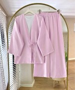 Bağlamalı Keten Kimono Takım Pembe