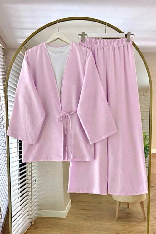 Bağlamalı Keten Kimono Takım Pembe
