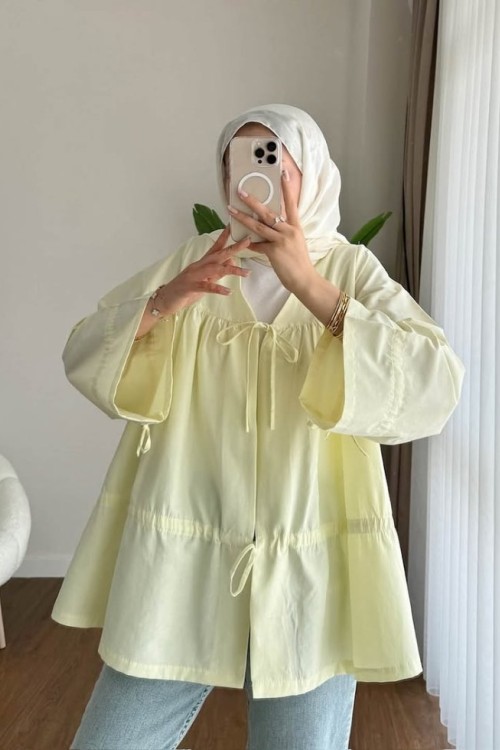 Büzgülü Poplin Kimono Sarı