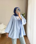 Büzgülü Poplin Kimono Mavi
