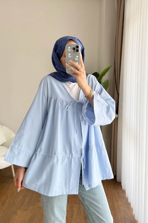 Büzgülü Poplin Kimono Mavi