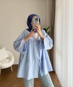 Büzgülü Poplin Kimono Mavi