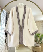 Kilim Şeritli Müslin Kimono Bej