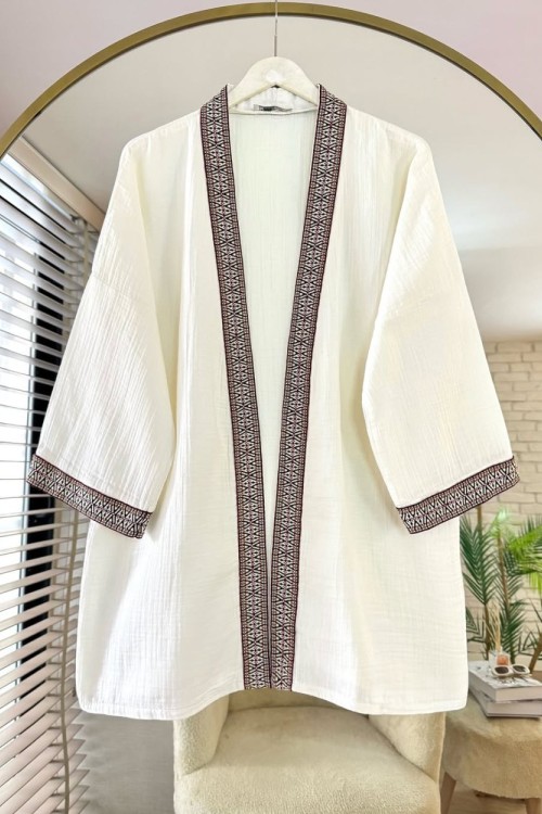 Kilim Şeritli Müslin Kimono Ekru