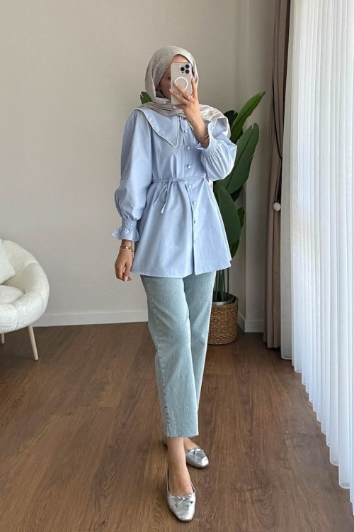 İncili Poplin Tunik Mavi