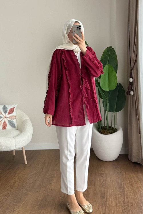 Fırfırlı Keten Kimono Bordo