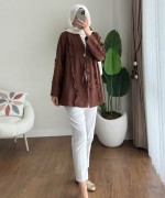 Fırfırlı Keten Kimono Kahverengi