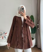 Fırfırlı Keten Kimono Kahverengi