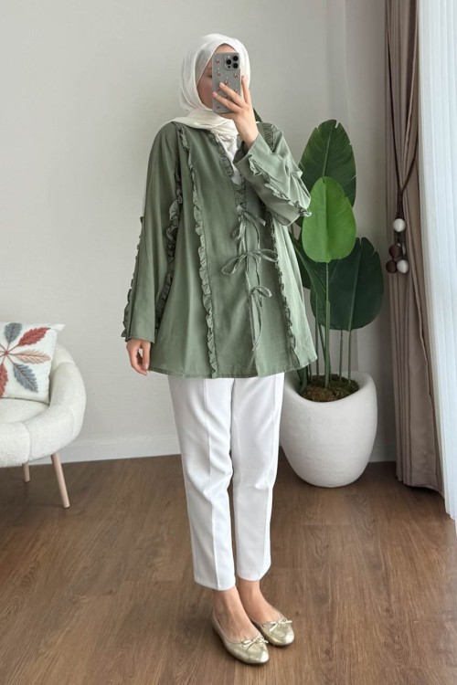Fırfırlı Keten Kimono Yeşil