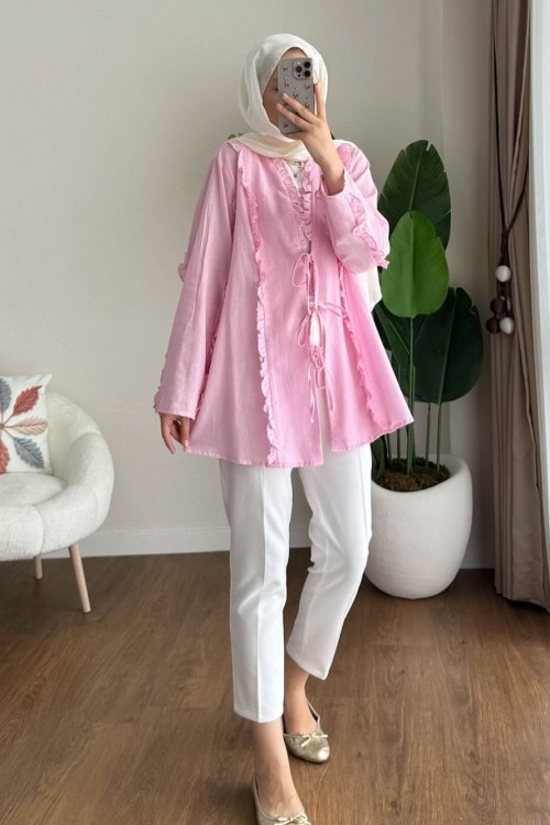 Fırfırlı Keten Kimono Pembe
