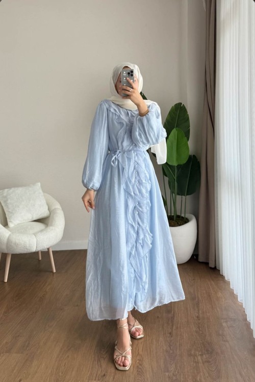 Kuğu Fırfırlı Elbise Mavi