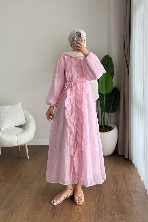 Kuğu Fırfırlı Elbise Pembe