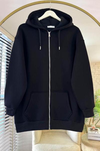 Fermuarlı Üç İplik Uzun Hırka