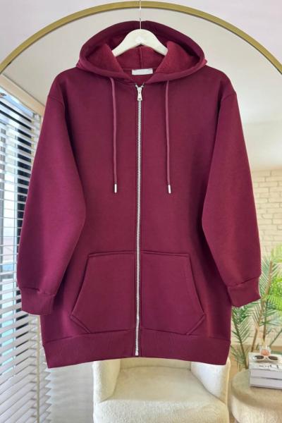 Fermuarlı Üç İplik Uzun Hırka