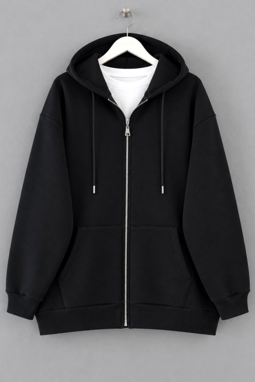 Oversize Fermuarlı Hırka Siyah