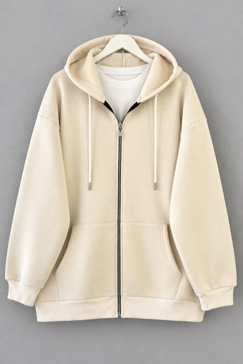 Oversize Fermuarlı Hırka Krem