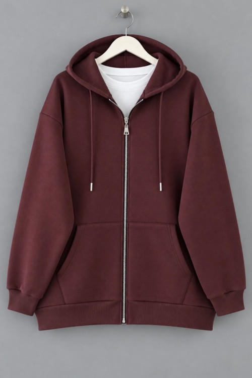 Oversize Fermuarlı Hırka Kahverengi