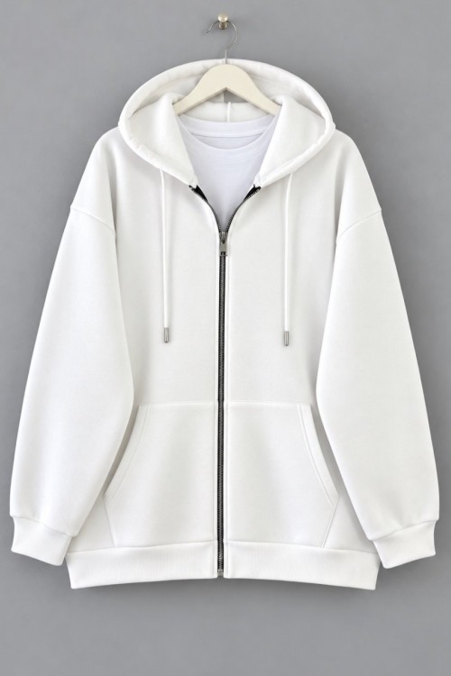 Oversize Fermuarlı Hırka Beyaz