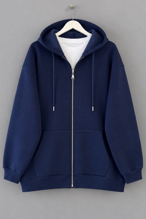 Oversize Fermuarlı Hırka Lacivert