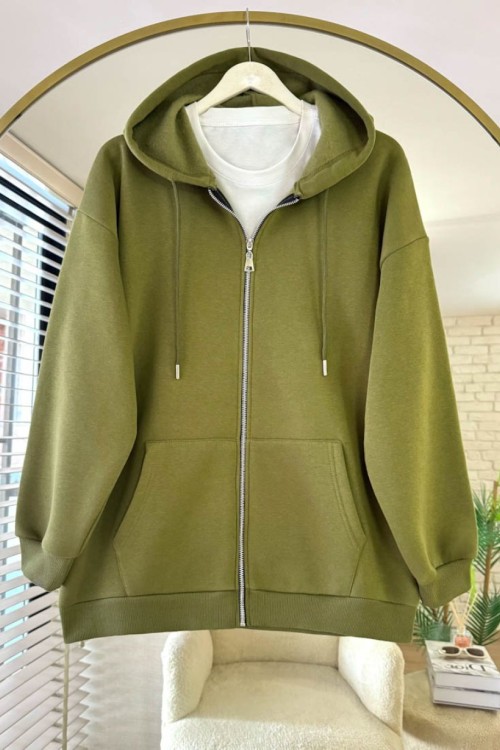 Oversize Fermuarlı Hırka Yağ Yeşili