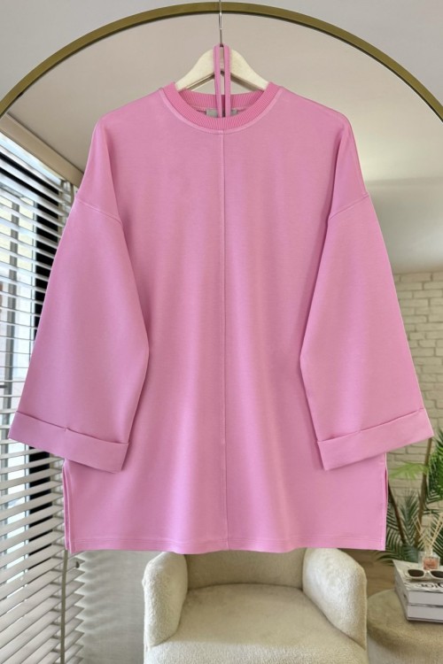 Bisiklet Yaka Yırtmaçlı Tunik Pembe