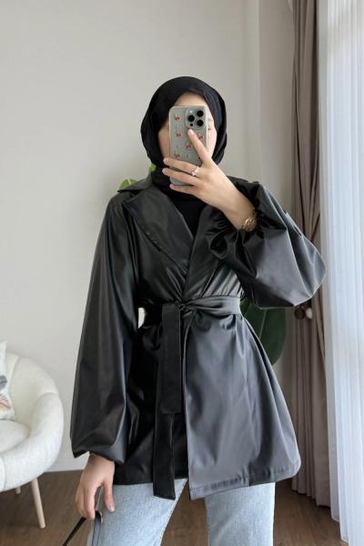 Balon Kol Beli Kuşaklı Deri Trenç