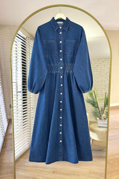 Boydan Düğmeli Beli Lastikli Kot Elbise