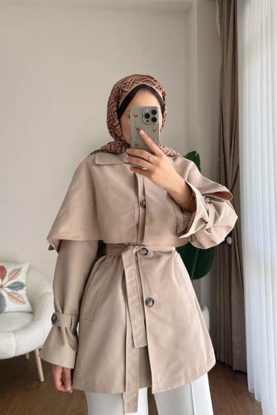 Pelerin Detaylı Ara Boy Trenç